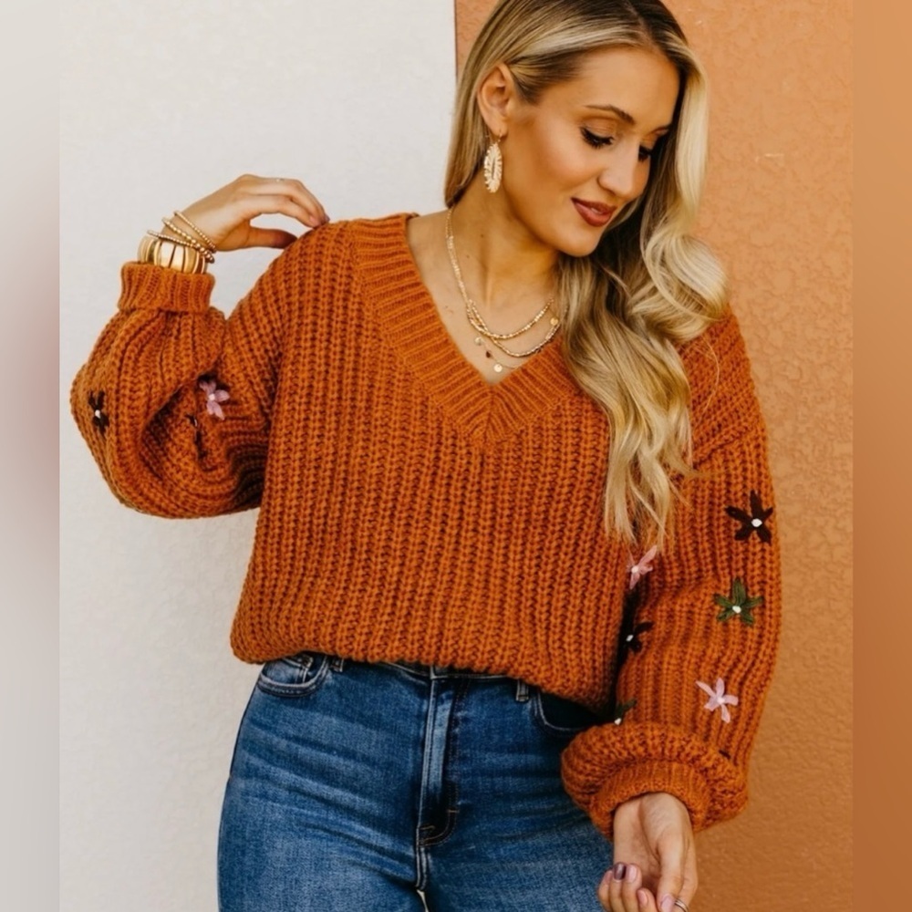 NWT Rust Cable Knit V Neck Floral Embroidered Bubble Sleeve Size Medium - Picture 4 of 16